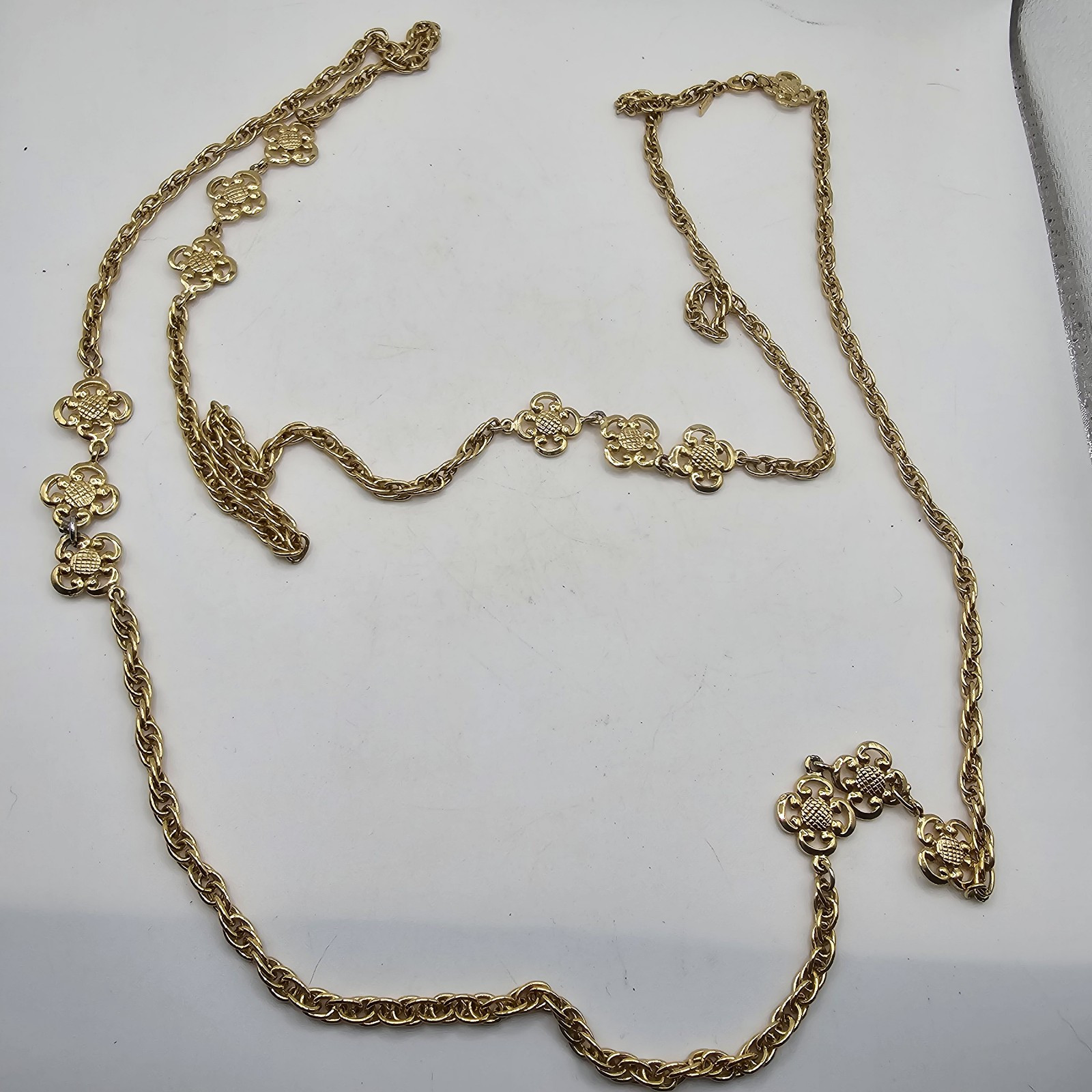 Monet Necklace 50” Long Gold Tone Chain With Ornate Design Signed Estate Find