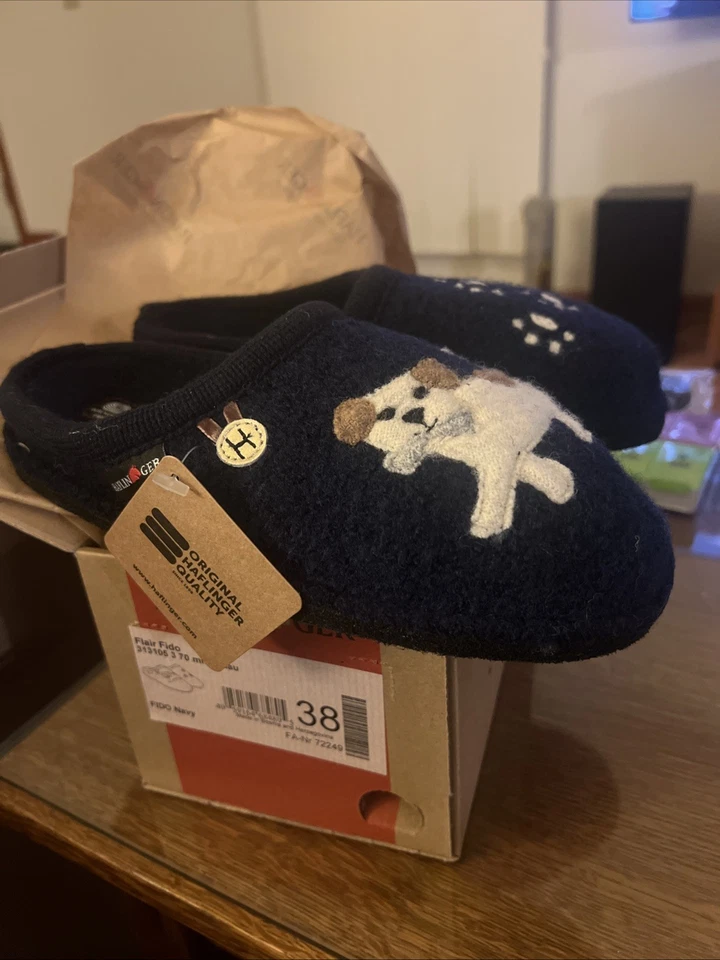 全新带盒 HAFLINGER 女士 Flair Fido 舒适室内羊毛拖鞋 尺寸 38 MSRP $110.00 — 第 4/4 张图片