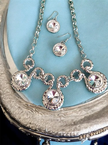 VETEMENTS Collana + Orecchini Collare Strass Tono Argento Set Demi Parure Bellissima Us intime Ottimeioni