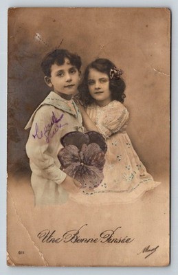 Une Bonne Pensée RPPC Postcard Children Portrait Sailor Boy Pansy Flower