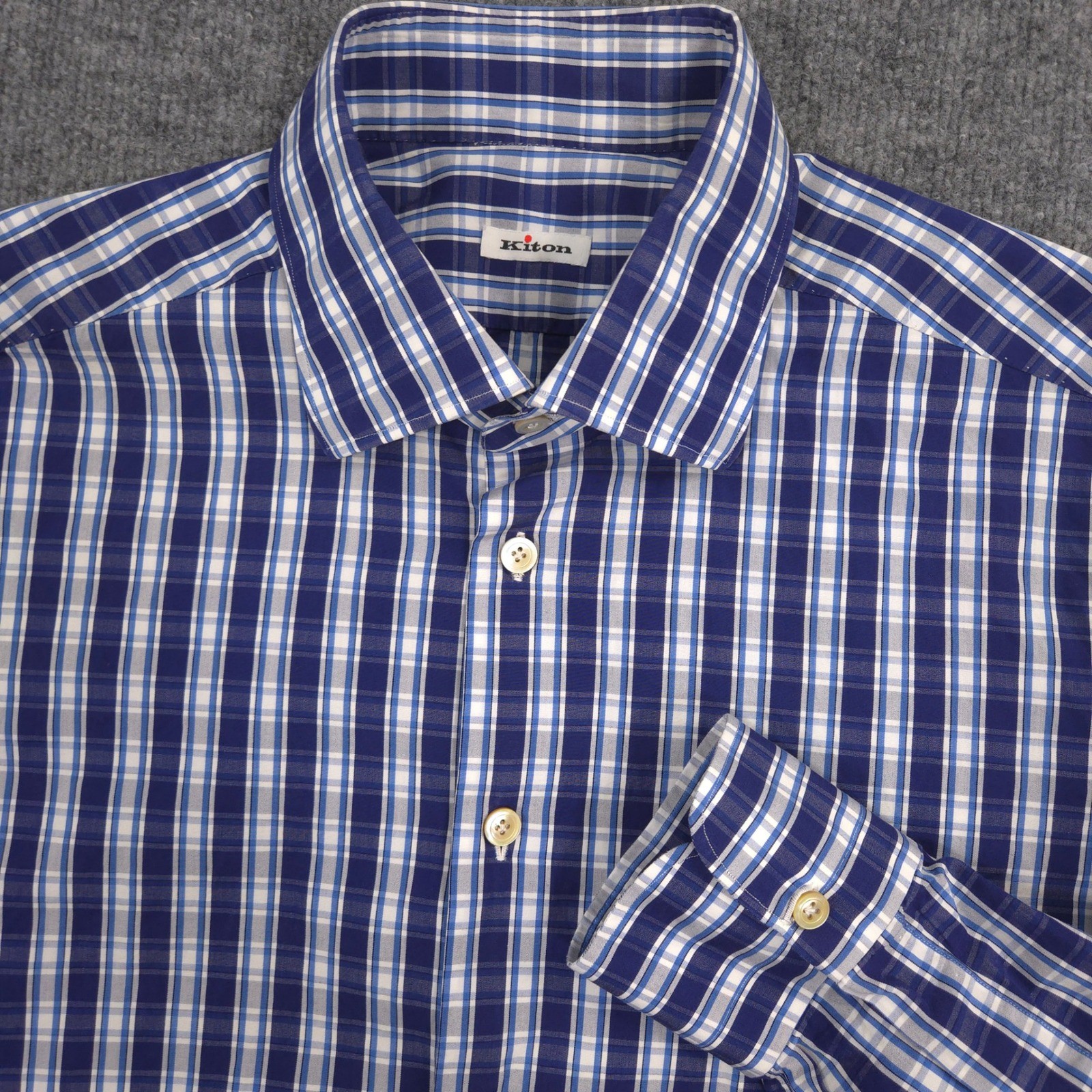 Kiton Dress Shirt Mens 42 16.5 Blue White Plaid Cotton Long Sleeve Made In Italy