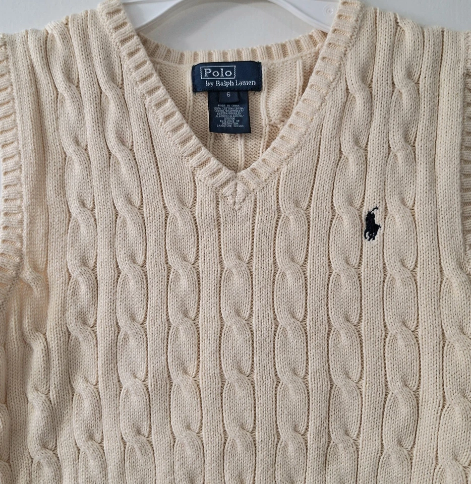 Chaleco Suéter Polo Ralph Lauren Vintage Niños Tejido con Cable Crema Talla 6 Cuello en V Preppy Foto 2 de 4