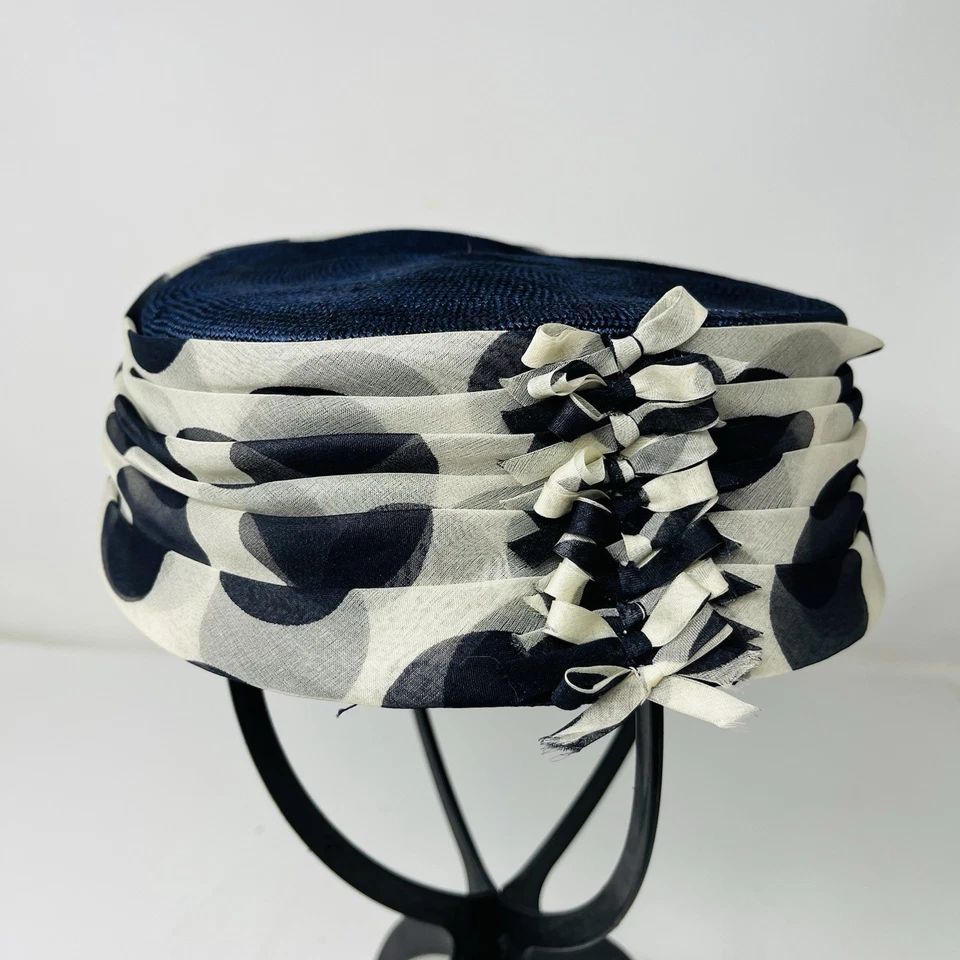 Tecido azul vintage com fitas chapéu moda feminina Bullocks Wilshire EUA - Imagem 3 de 4