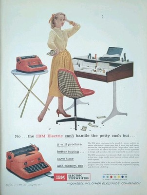 1955 vintage IBM electric typewriter print ad, Secretary Loves Her Typewriter 