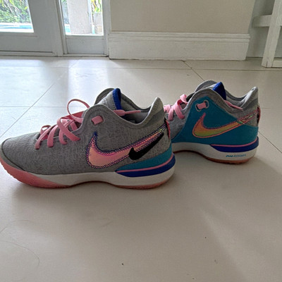 Nike LeBron 20 Men s Low Top Lace-Up Sneaker Gray/Pink/Blue Rubber Sole