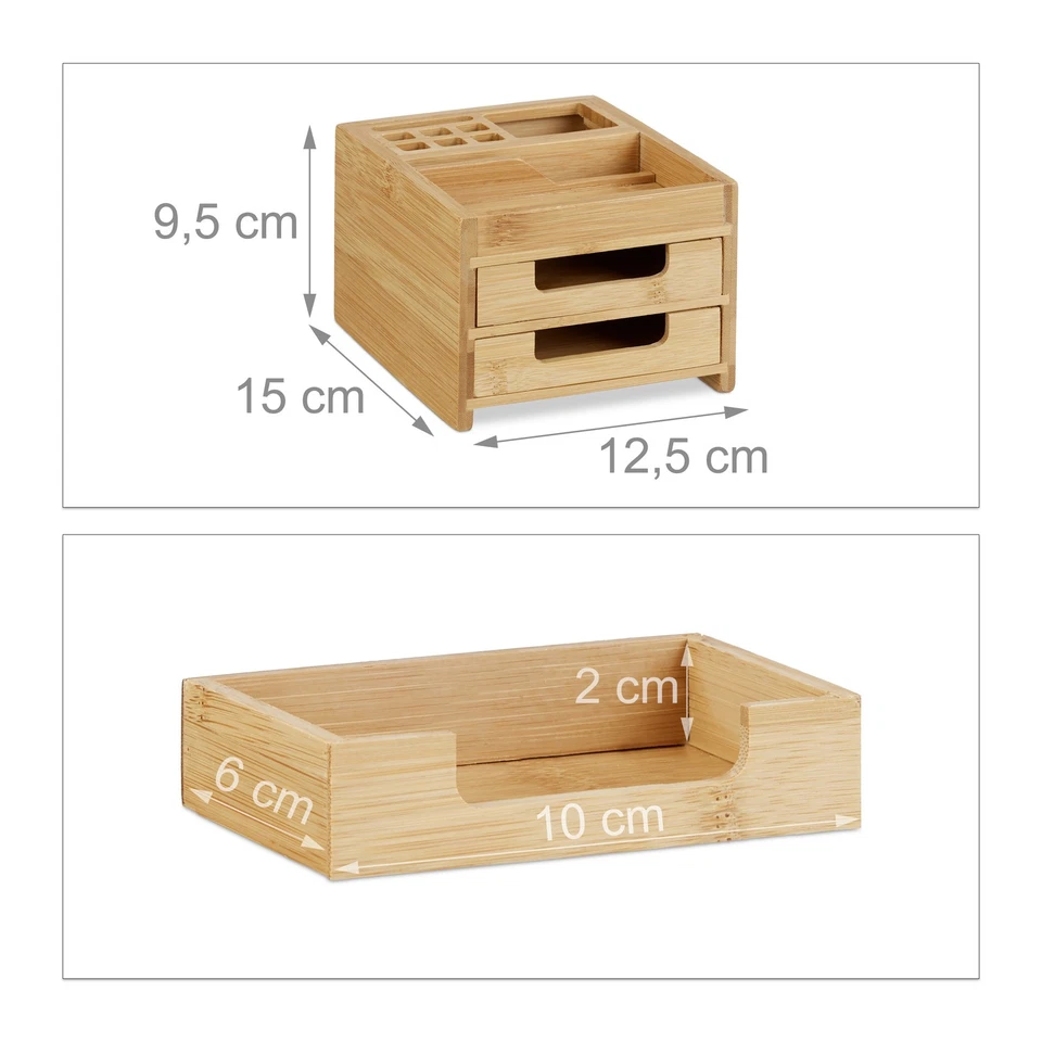 Schreibtisch organizer bambus Stiftebox aus Holz 2 Schubladen klein viele Fächer - Bild 3 von 4
