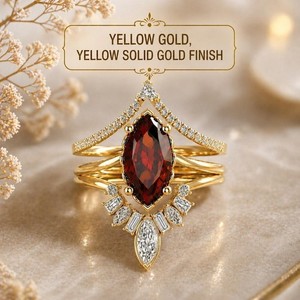 Authentic 3Pcs Art Deco Marquise Cut Ruby 14k Gold Plated 925 Silver Engagement Ring Set