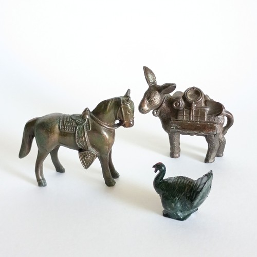 Lot of 3 Small Vtg Cast Metal Animals JAPAN Horse, Pack Mule Donkey & Turkey