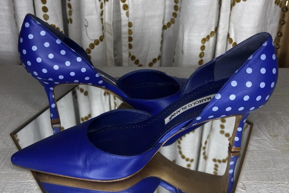 Tacones - MANOLO BLAHNIK Mujer Cuero Azul y Blanco Lunares Tacones Foto 3 de 4