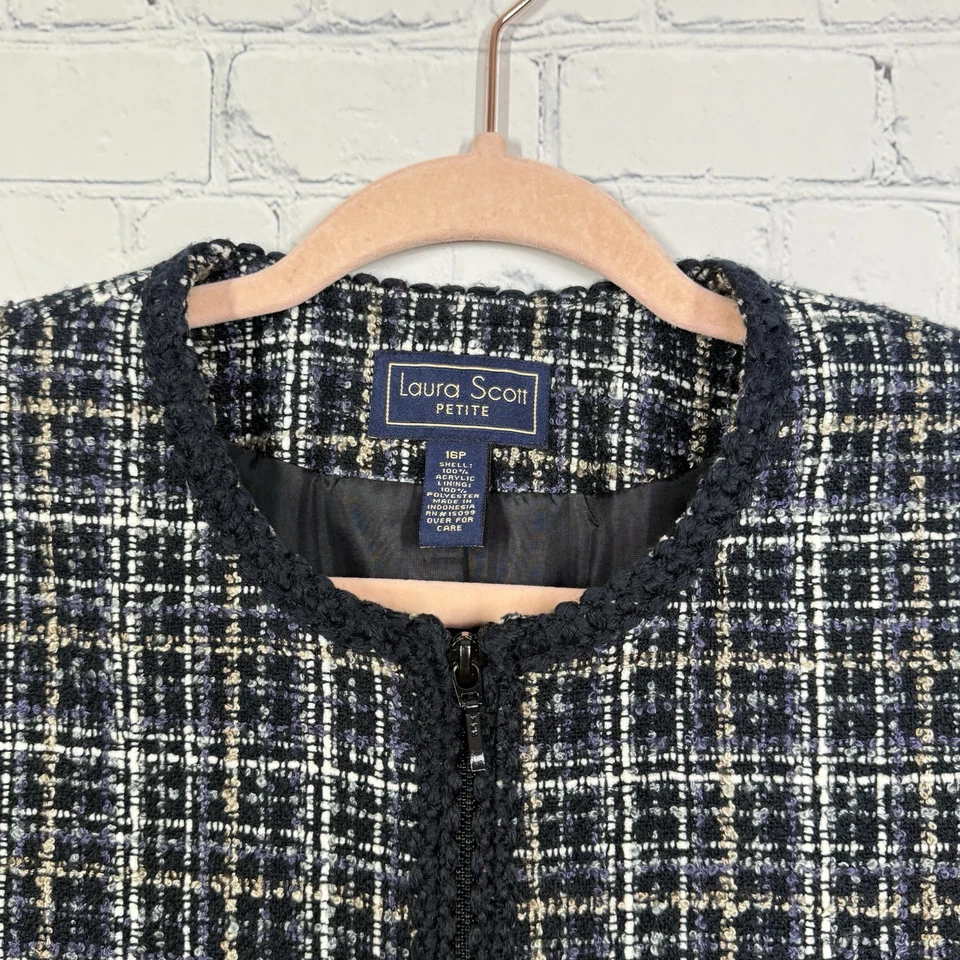 Женский твидовый блейзер Laura Scott размер 16 миниатюрный синий цвет слоновой кости на молнии Career Academia - Изображение 3 из 4