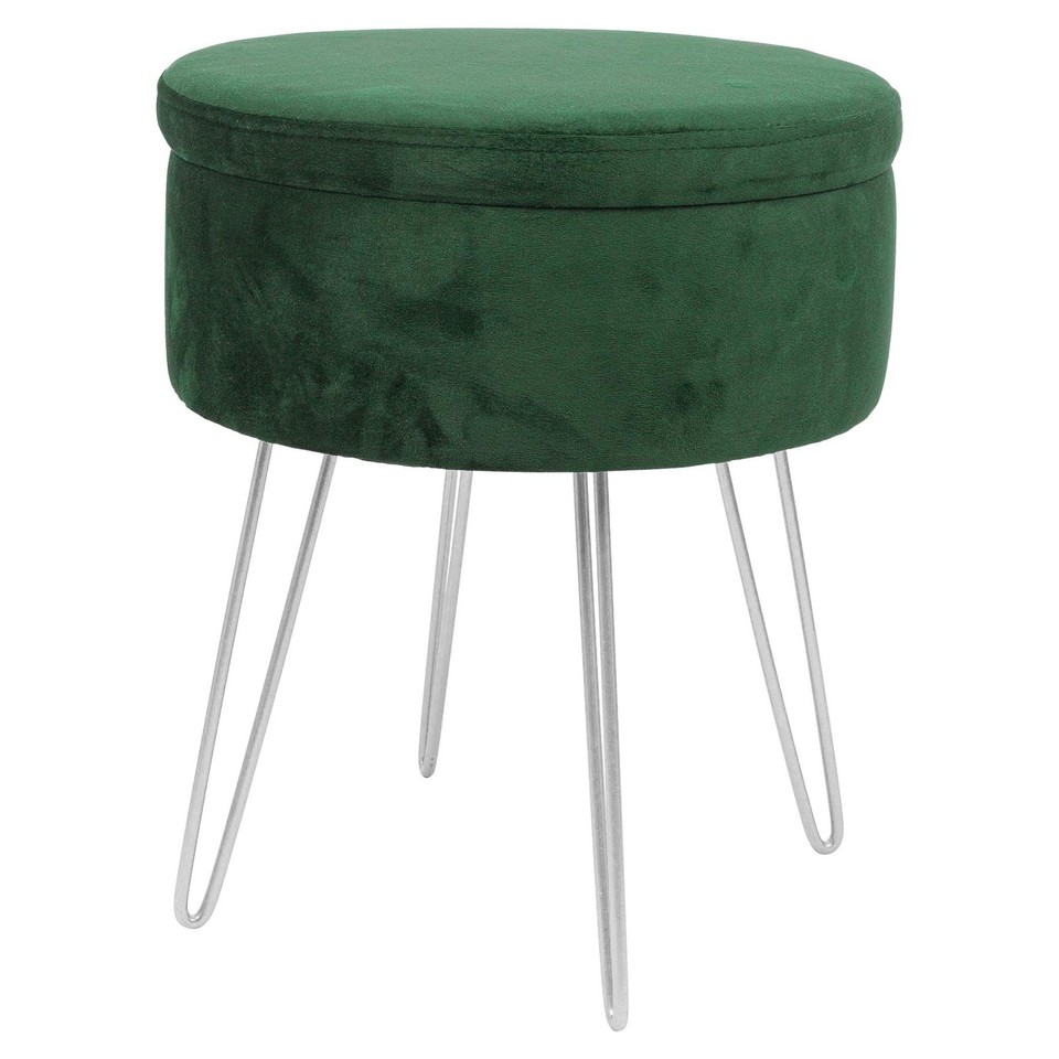 1x Vert/Argent H45 x D36cm Rond Repose-Pieds de Rangement en Velours Ottoman