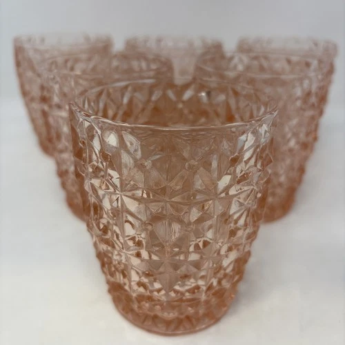 6 JEANETTE HOLIDAY BUTTONS & BOWS PINK DEPRESSION GLASS PINK  10 OZ TUMBLER LOT