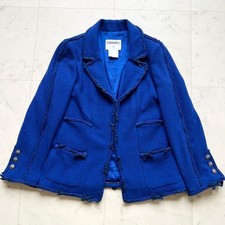 CHANEL Royal Blue Tweed Jacket Coco Mark Flower Button Size 38
