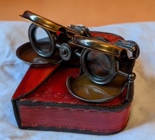 Bronze Folding Antique Binoculars Leather Case Old Glasses Eye Steam Punk Army
