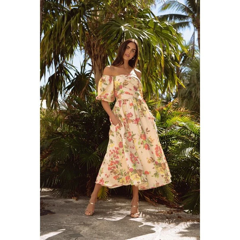 Vestido Shoshanna Midnight Zarah Floral Midi Crema Hombro Descubierto Mezcla de Lino Talla 4 Foto 3 de 4