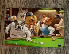 Dogs Playing Shooting Pool Billiards Artwork 8x12 Metal Wall Animal Sign