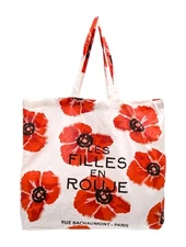 Rouje Floral Print Cotton Tote Bag White Poppy Red Orange 18.5x15x3"