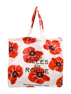 Rouje Floral Print Cotton Tote Bag White Poppy Red Orange 18.5x15x3''