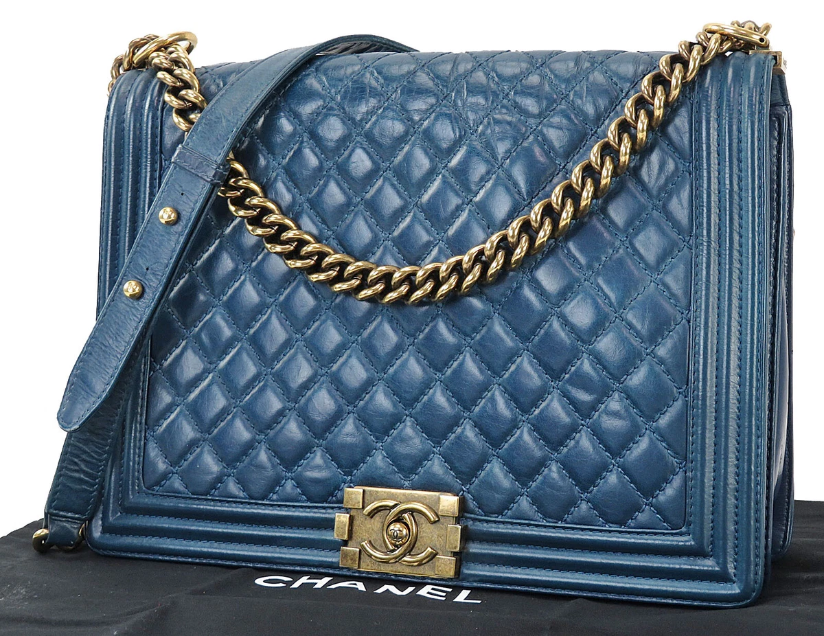 Authentic CHANEL BOY Blue Quilted Leather Gold Chain Shoulder Flap