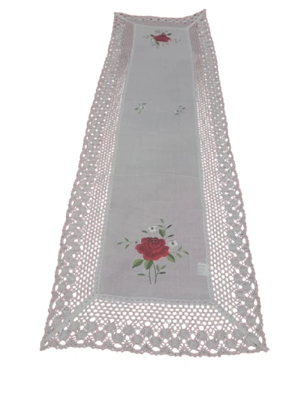 Centro Tavola  Tris Centrini Runner Cotone Misto Lino Bianco Ricamo Rose Rosse - Immagine 2 di 4