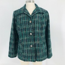 Chico's Women's Jacket 3 Boucle Green Black White Classic Size 2 Buttons