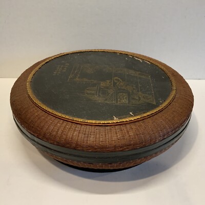 Vintage Chinese Sewing Basket LARGE Round Lidded Wicker Painted Chinoiserie