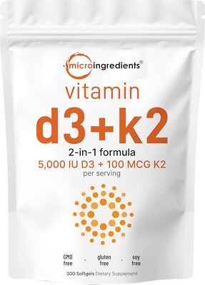 Micro Ingredients Vitamin D3 5000 IU with K2 100 mcg 300 Soft-Gels | K2 MK-7