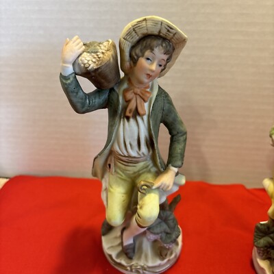 Vtg Porcelain Figurine Boy Girl Farm Grapes 8” Tall #1258 Home