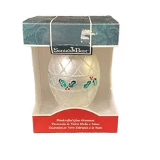 Santa’s Best Ornament Christmas Egg Silver Holly Decorative Blown Glass