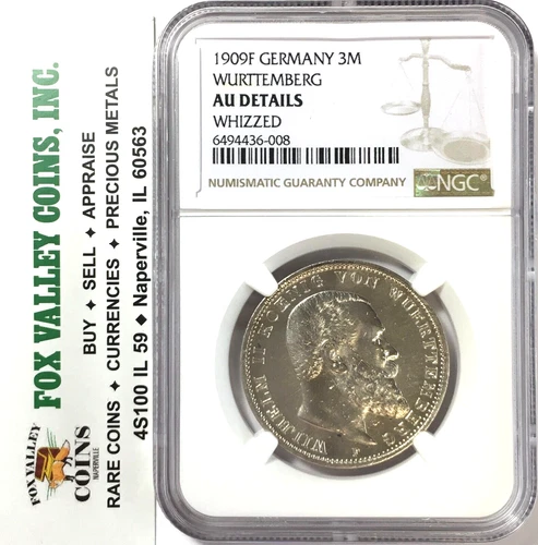 1909-F GERMANY-WURTTEMBERG 3 Mark Silver Coin AU Details NGC VERY LUSTROUS COIN!