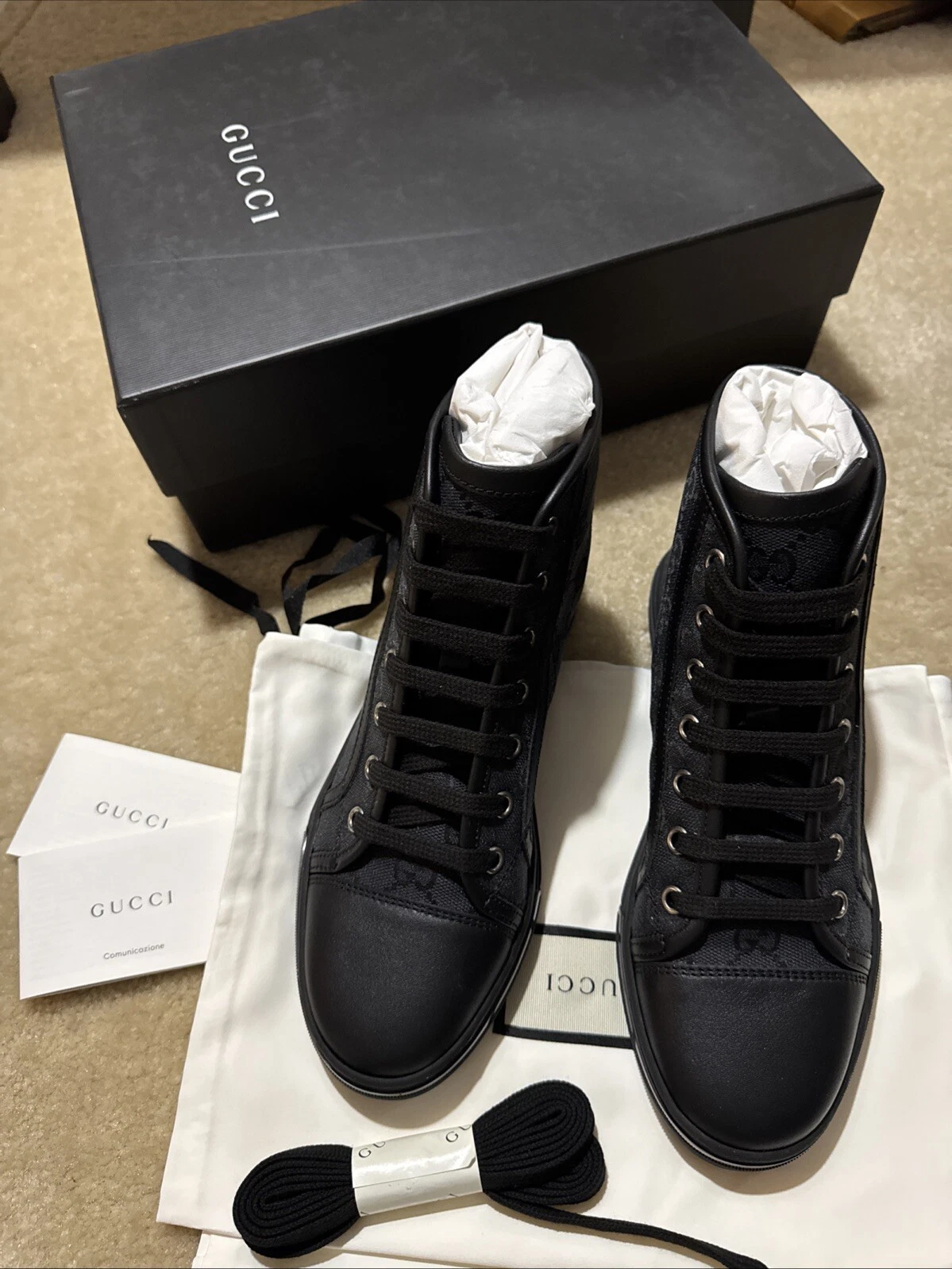 Baskets montantes Gucci noir GG toile/cuir femme Italie pointure 34,5 EU 4,5 US