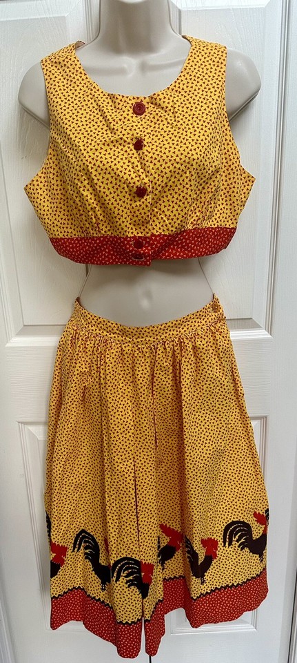 A pristine 1950s novelty culotte set printed with roosters — peak mid-century Americana fashion that's genuinely wearable as statement vintage.