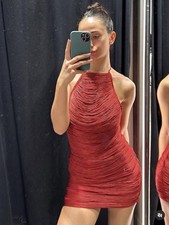 ZARA NWT WOMAN SS25 $99 SHORT HALTER FRINGE DRESS CHERRY RED | 4772/283