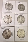 Lot of 6 Silver Walking Liberty half dollars: 1934, 1935, 1936, 1936, 1937, 1939
