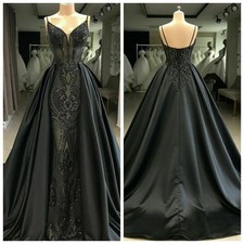Mermaid Gothic Black Formal Wedding Dress Bride Gown Lace Stain Detachable Train