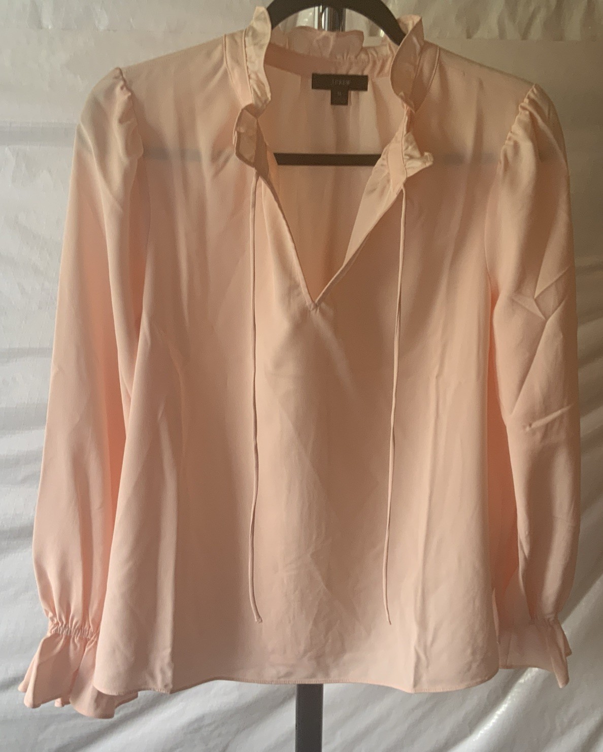 J Crew Women’s Long Sleeve Ruffle Neck & Sleeve Tie Front Light Peach/Pink SZ M