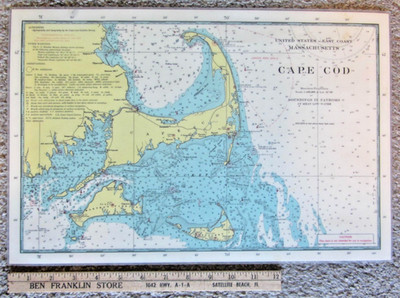 Vintage CAPE COD Mass NAUTICAL Projection MAP Fishing Laminated 17.5 x 11.5  MA