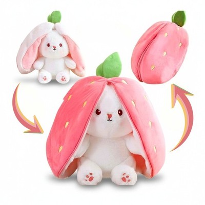 Reversible Strawberry Bunny Plush Toy Soft Polyester Kids Easter Basket Stuffer