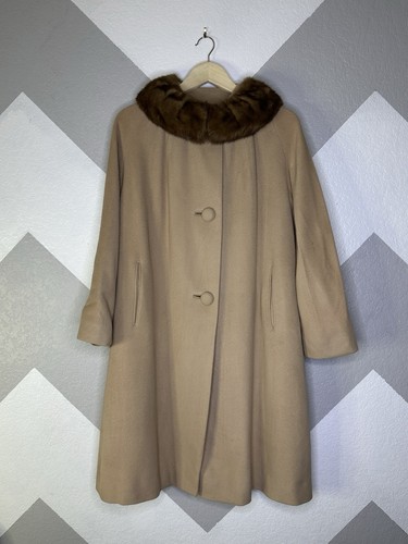 Vtg 60s Touch 100% Cashmere Women’s Button Long Coat Fur Collar Beige Elegant XL - Picture 2 of 13