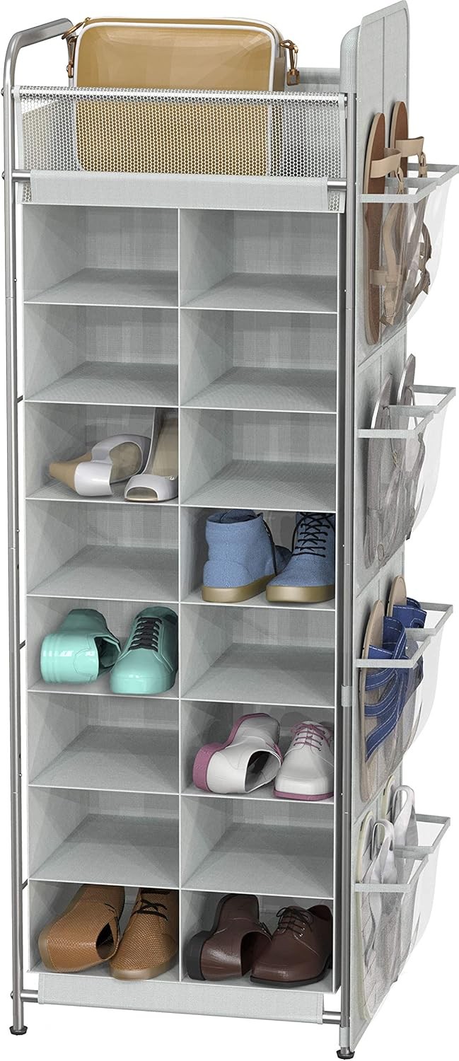 8-Tier Gray Shoe Rack with Top Shelf and Side Storage Pockets