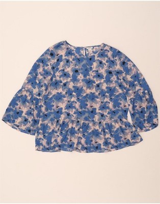 J. Crew Damen 3/4 Arm Bluse Oberteil UK 14 mittelblau Blumenmuster Polyester DE15
