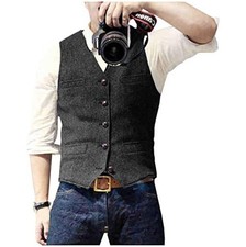 Mens Tweed Suit Vest Herringbone Wool V Neck Slim Fit Large Black Button Wedding