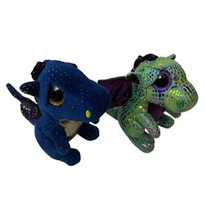 Lot of 2 Ty Beanie Boos Cinder Green Dragon Blue Saffire Sparkle Eyes Plush 6"