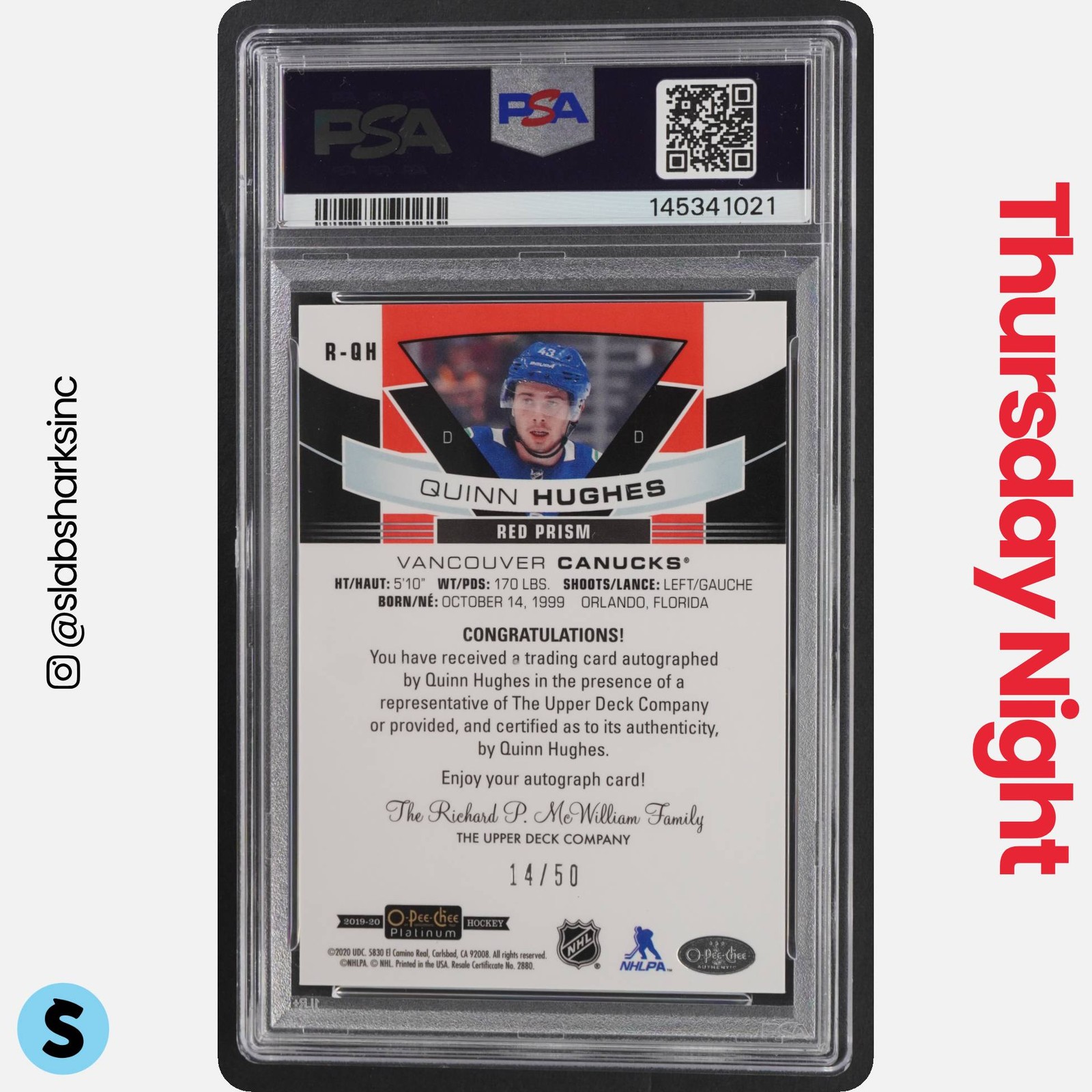 2019 O-PEE-CHEE PLATINUM #R-QH QUINN HUGHES ROOKIE AUTO RED PRISM RC /50 PSA 10 view 2