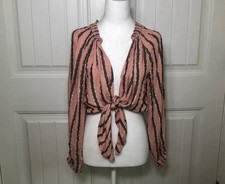 Womens lightweight, long-sleeve tie-front deep Vneck blouse. Small