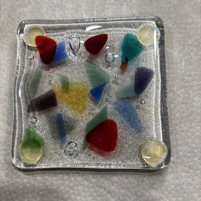 Square Dish Fused Art Glass Multicolor Trinket Catch All Change