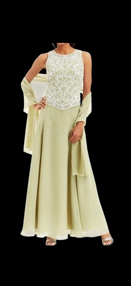 Vestido J Kara con cuentas para mujer talla 14 verde y blanco con cuentas corpiño bufanda sin mangas Foto 2 de 4