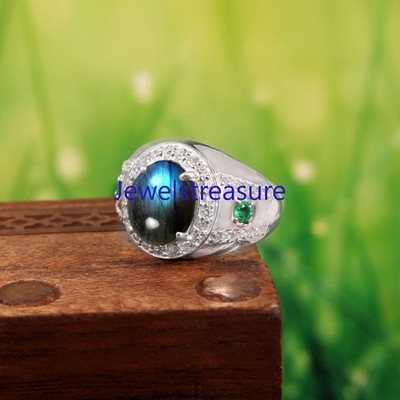 Natural Labradorite & Emerald Stones 925 Sterling Silver Ring for Men's #459