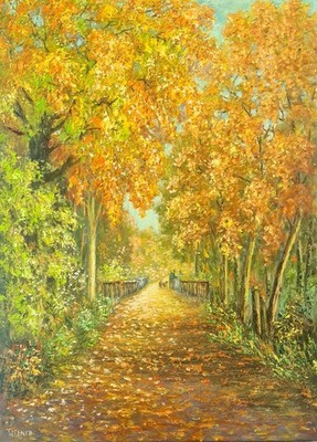 Original Öl Bild Keilrahmen, 60x80, Landschaft, Amberg, Radweg Im Herbst