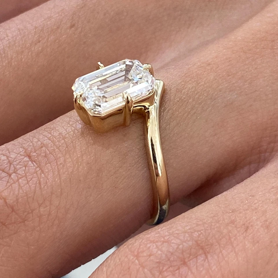 Emerald Cut Lab Grown Diamond Engagement Solitaire Chevron Ring 10K Gold Ring - Image 2 of 4